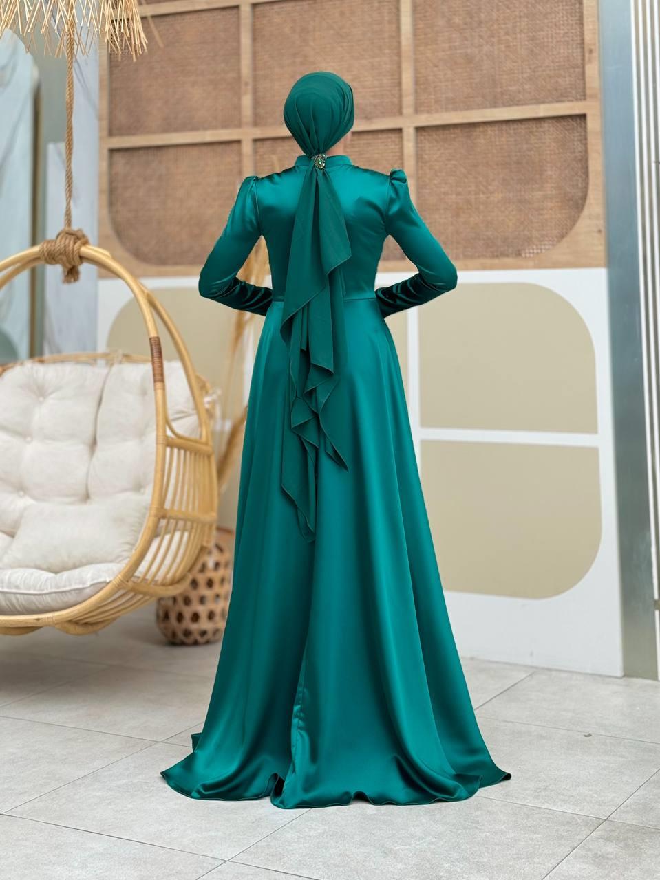 Taşlı Saten Abiye Zümrüt