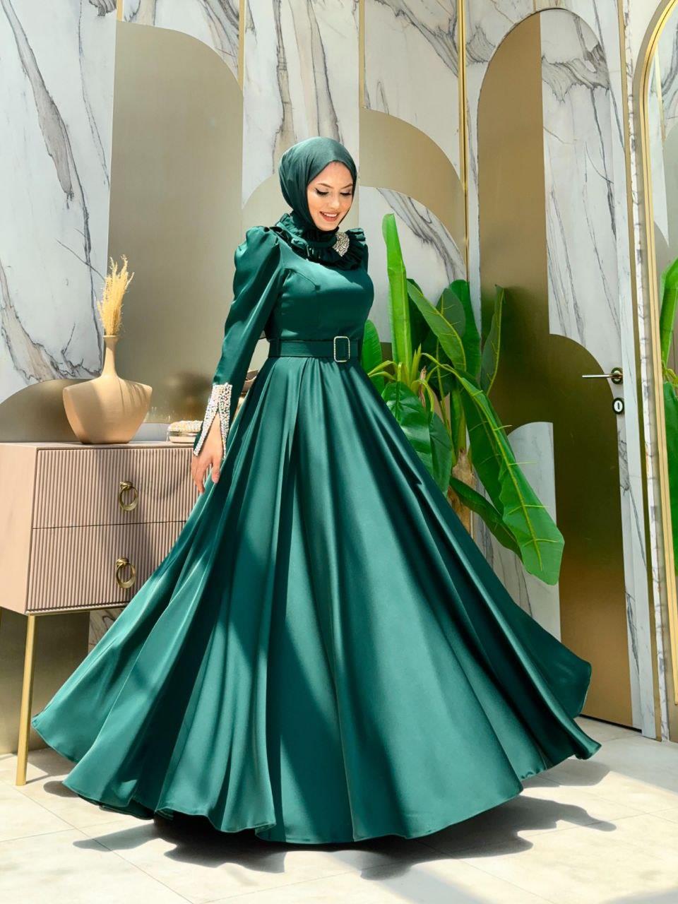 Taşlı Saten Abiye Zümrüt