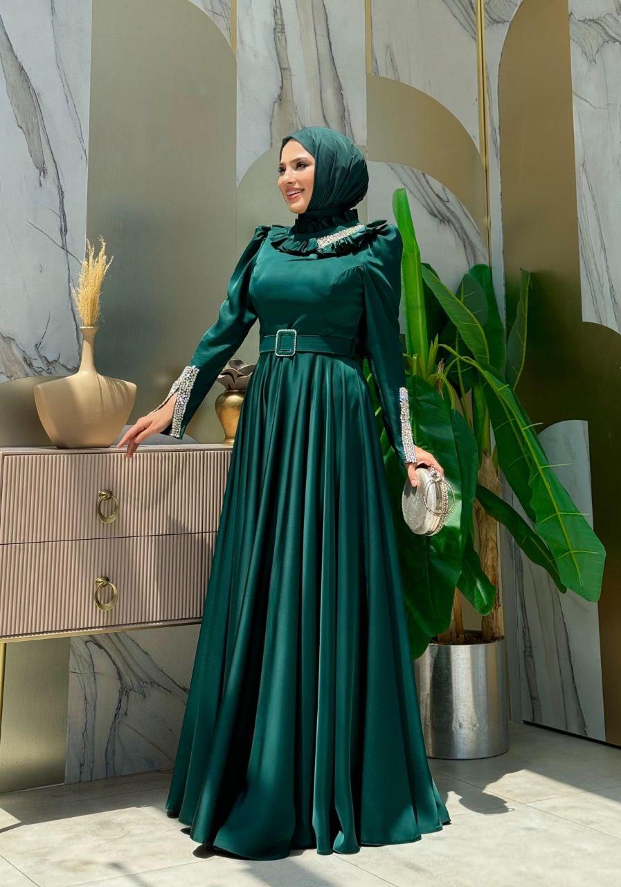 Taşlı Saten Abiye Zümrüt