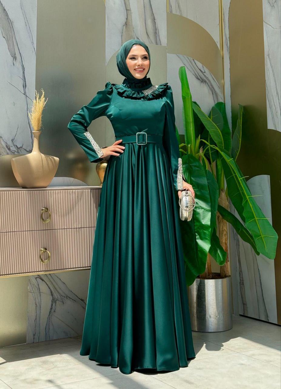 Taşlı Saten Abiye Zümrüt