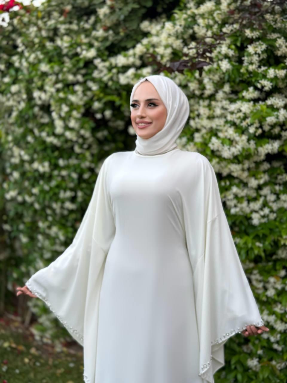 Taşlı Yarasakol Elbise Ekru