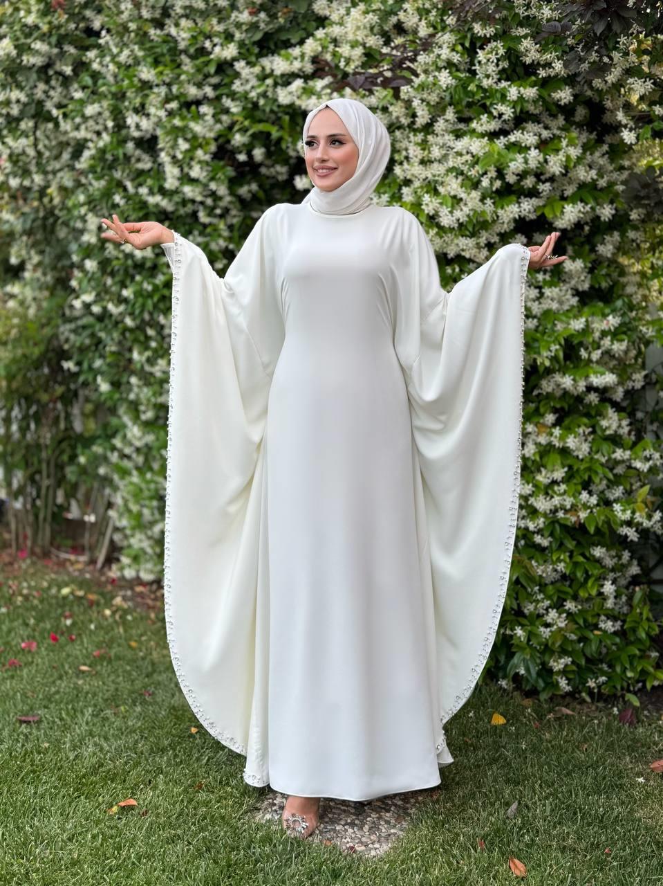 Taşlı Yarasakol Elbise Ekru