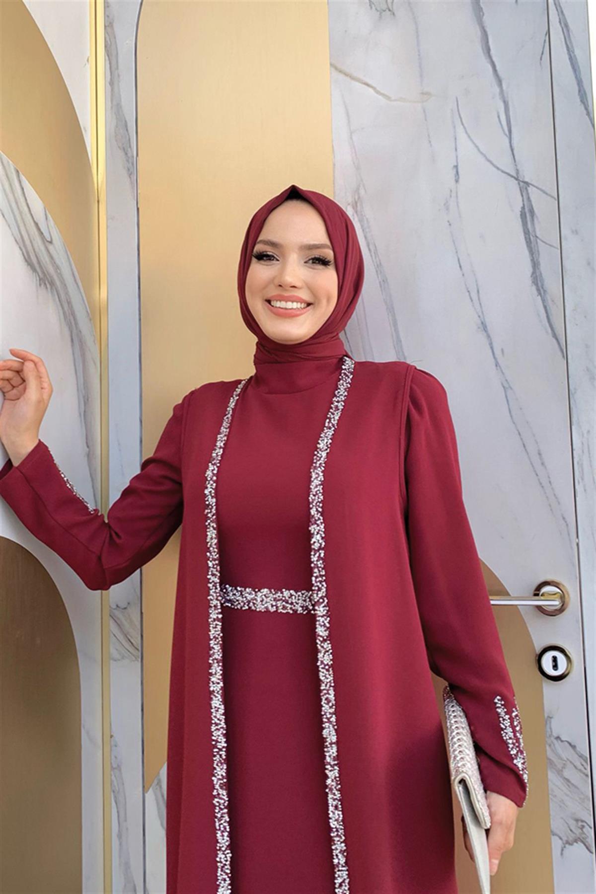 Taşlı Yelekli Takım Bordo