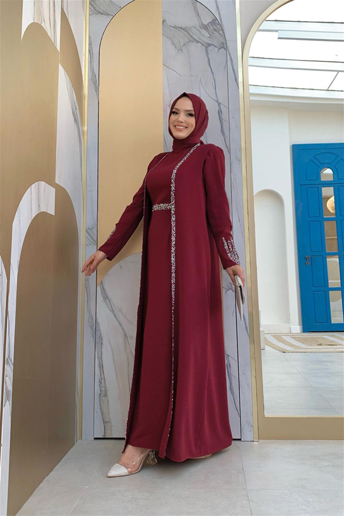 Taşlı Yelekli Takım Bordo