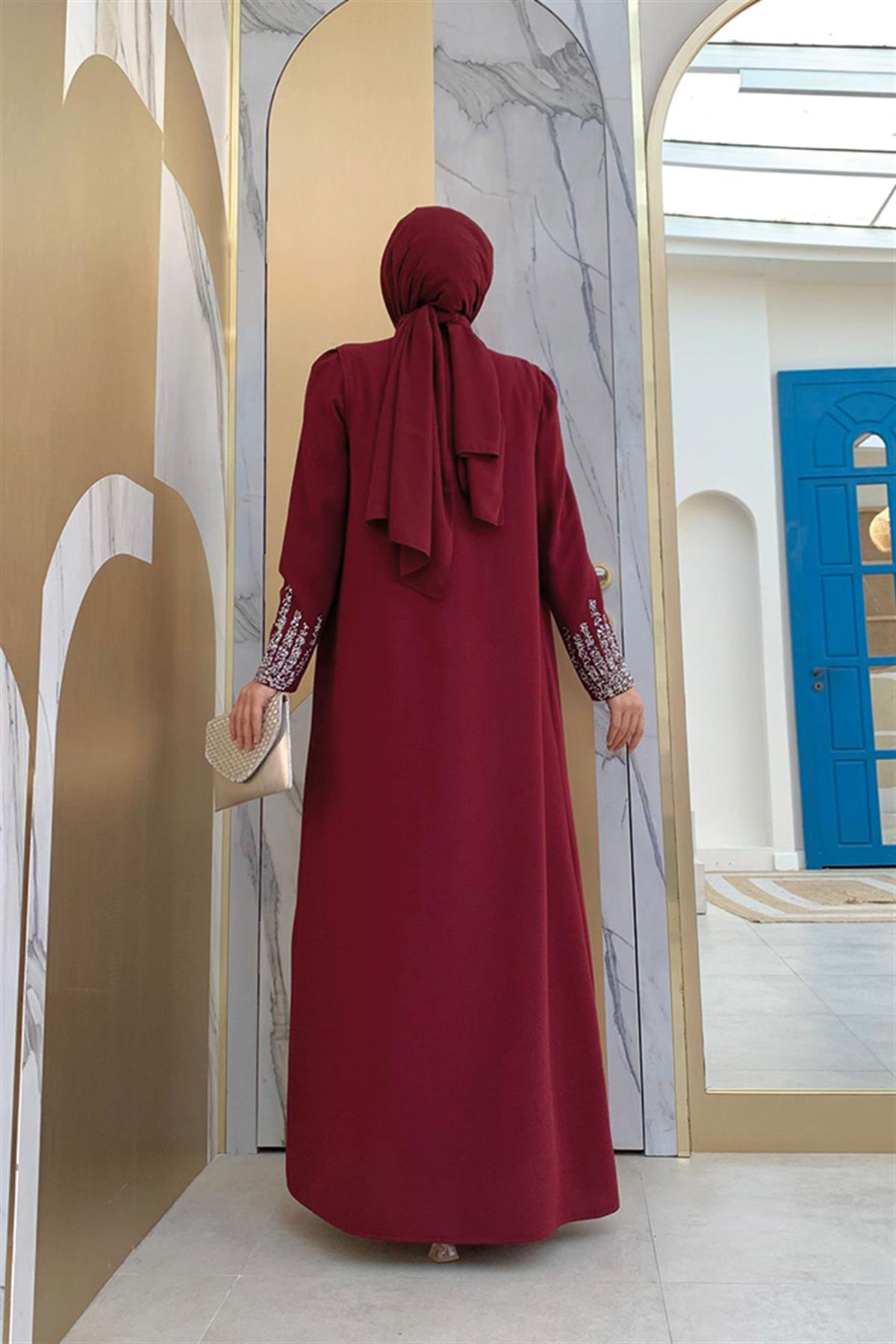 Taşlı Yelekli Takım Bordo