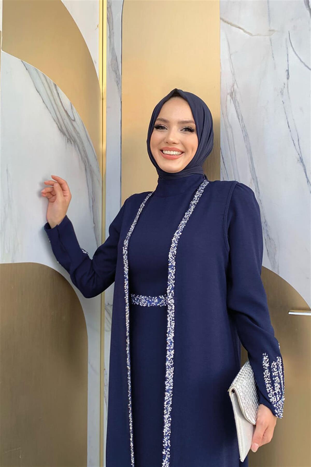 Taşlı Yelekli Takım Lacivert