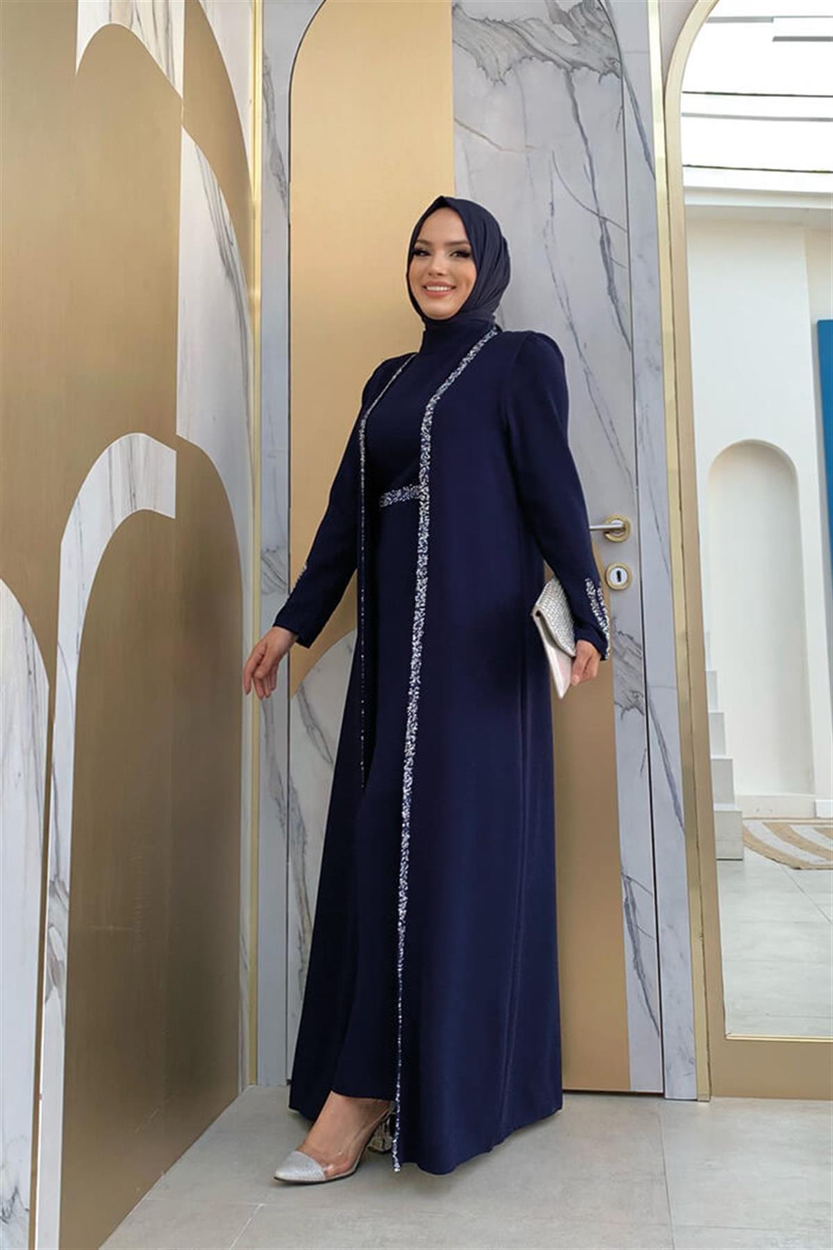 Taşlı Yelekli Takım Lacivert