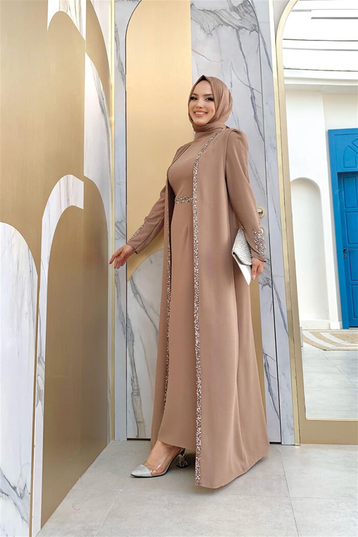 Taşlı Yelekli Takım Vizon