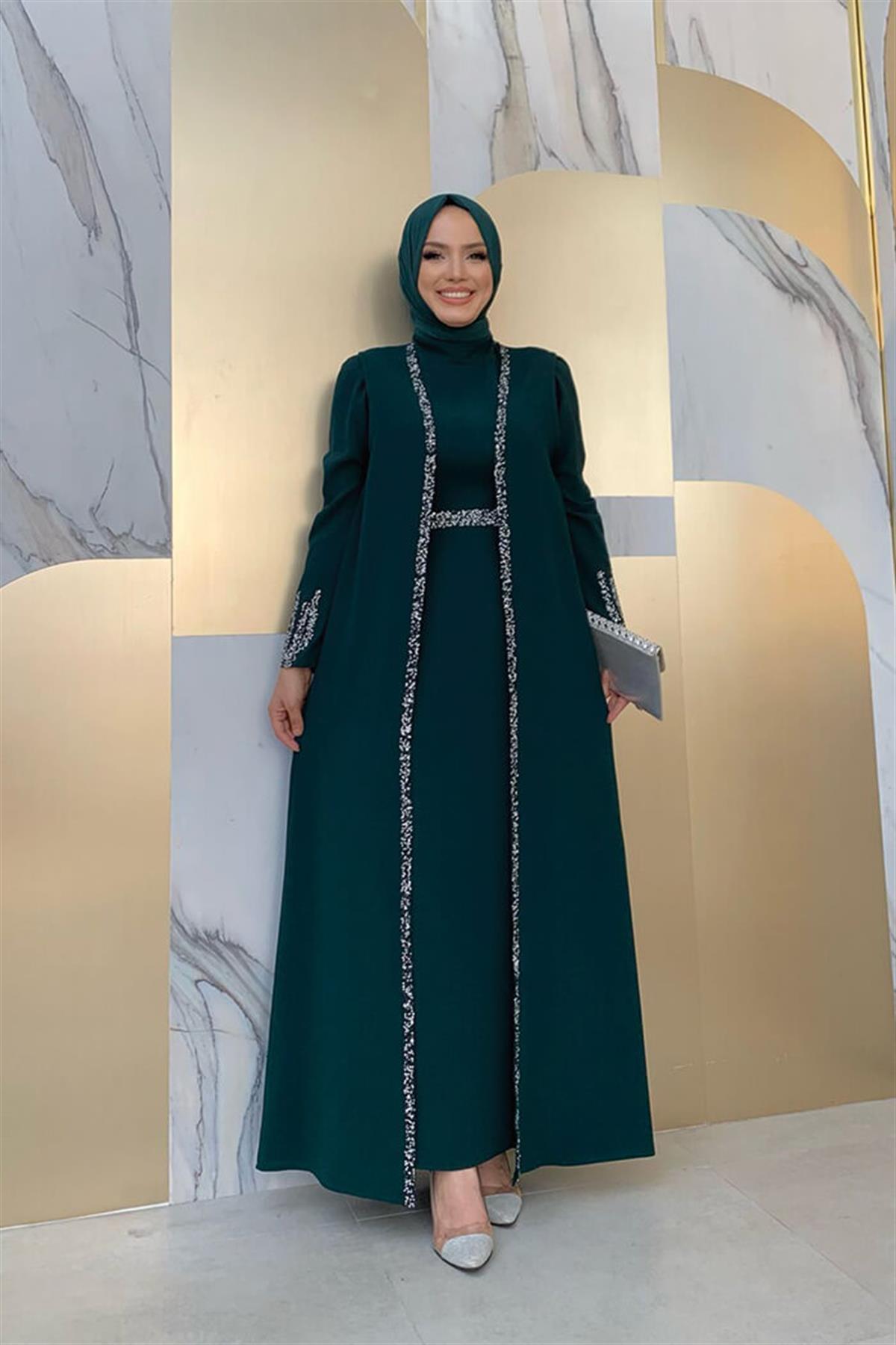 Taşlı Yelekli Takım Zümrüt