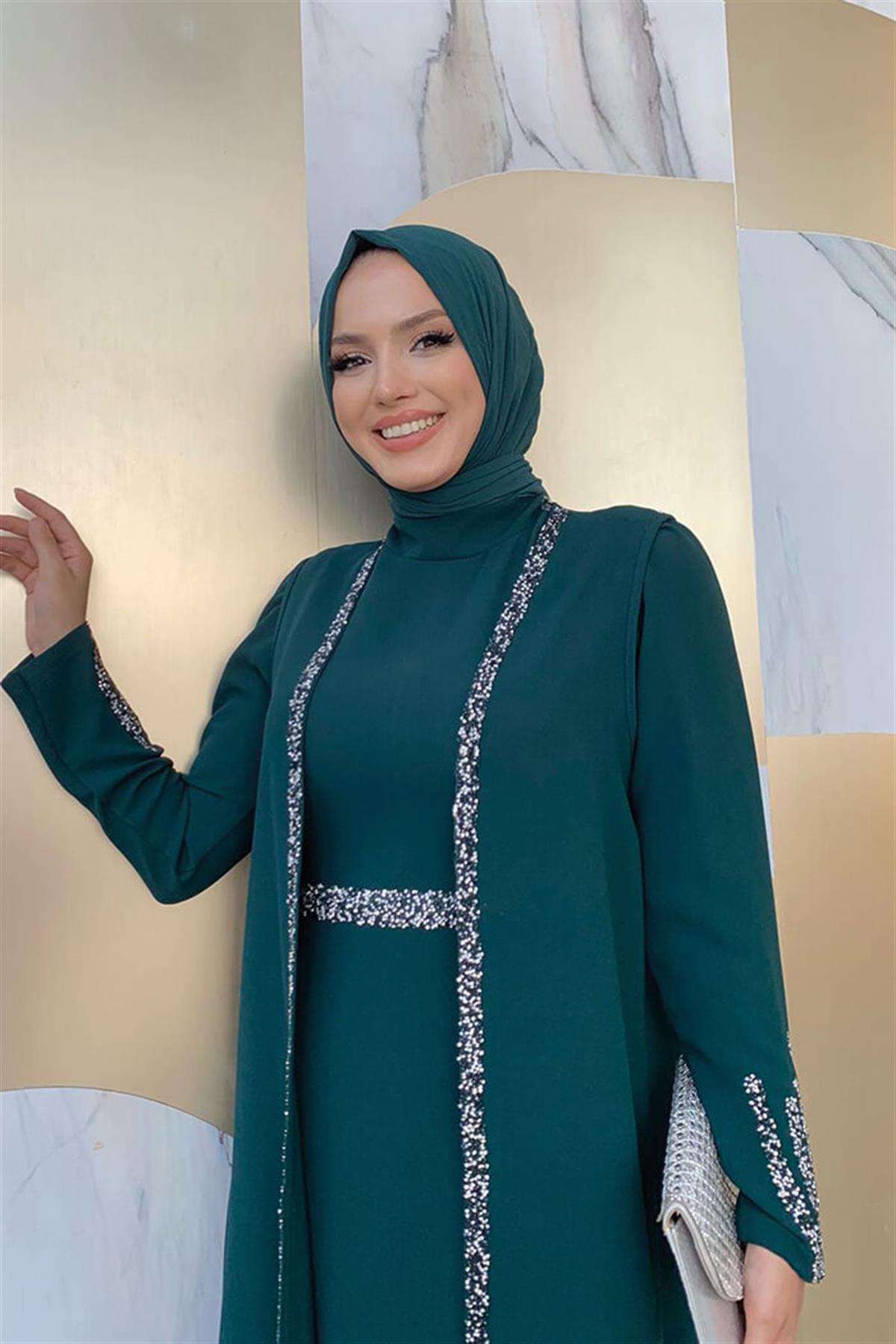 Taşlı Yelekli Takım Zümrüt