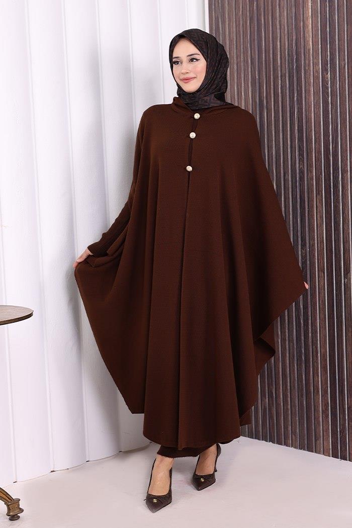 Triko Düğmeli Panço Kahverengi