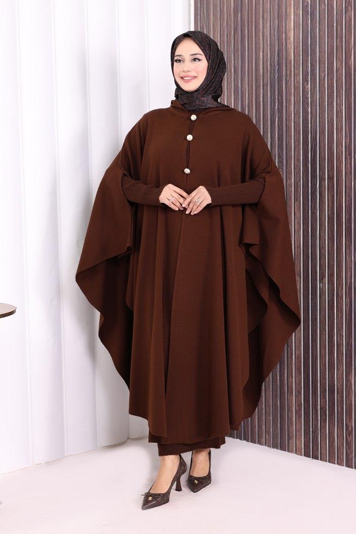 Triko Düğmeli Panço Kahverengi