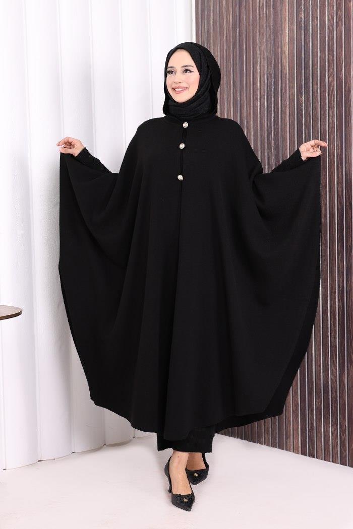 Triko Düğmeli Panço Siyah 