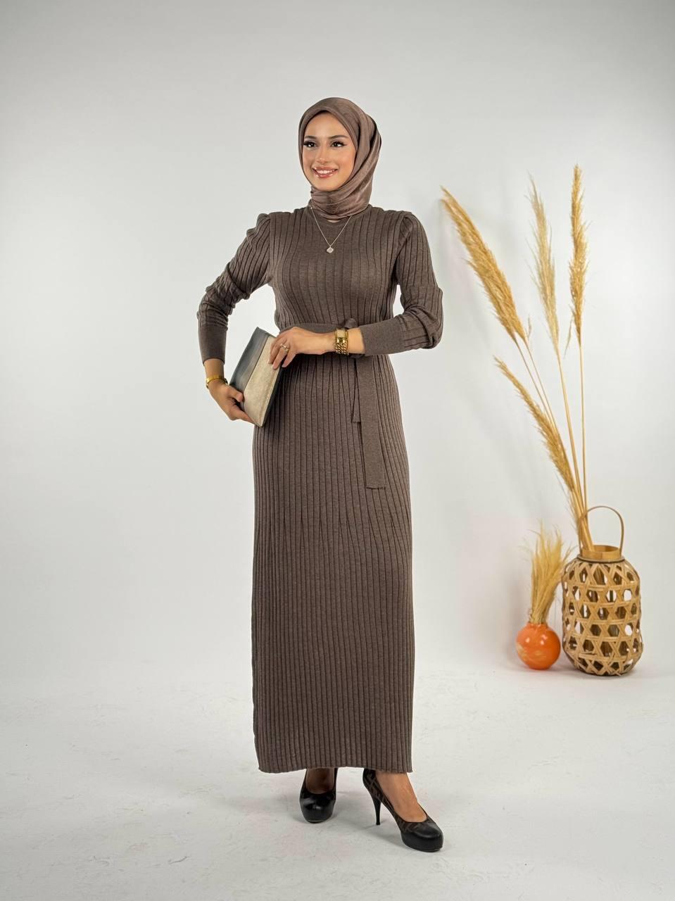 Triko Elbise Koyu Vizon