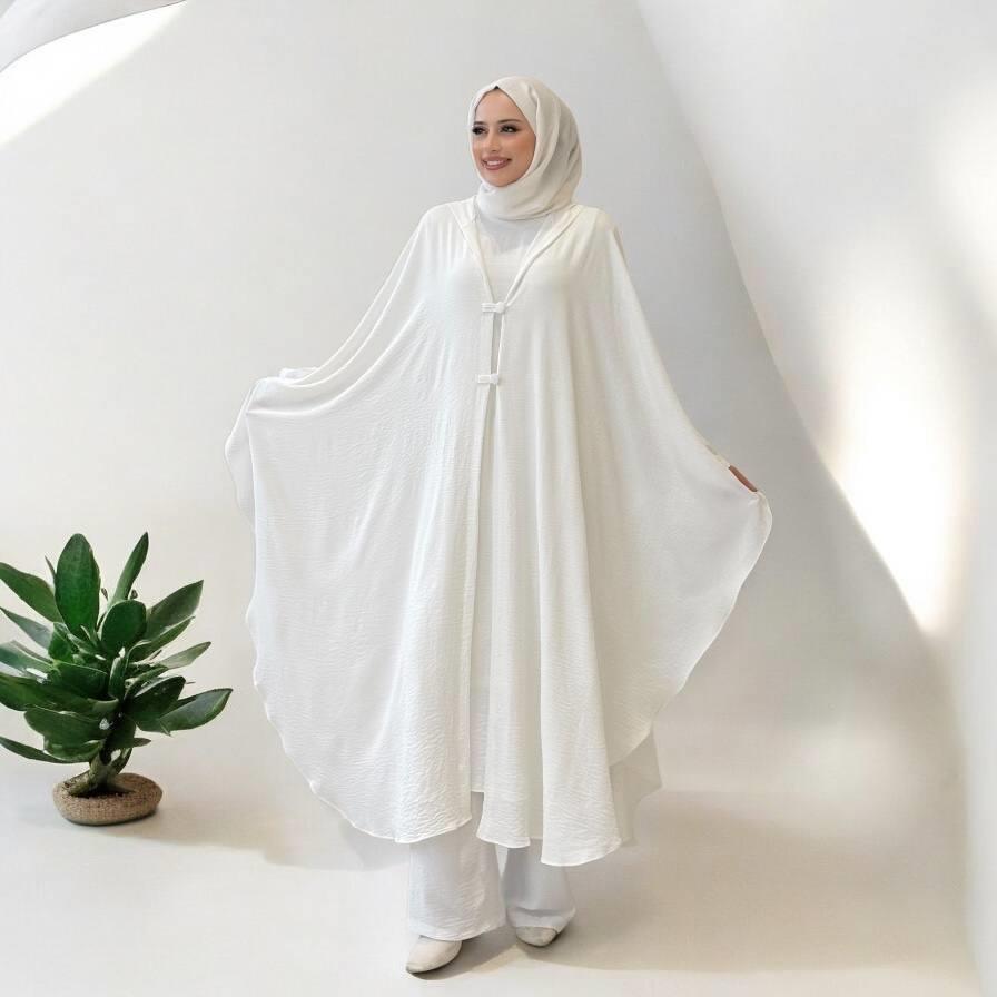 Tunik, Pantolon ve Abaya Üçlü Takım Beyaz