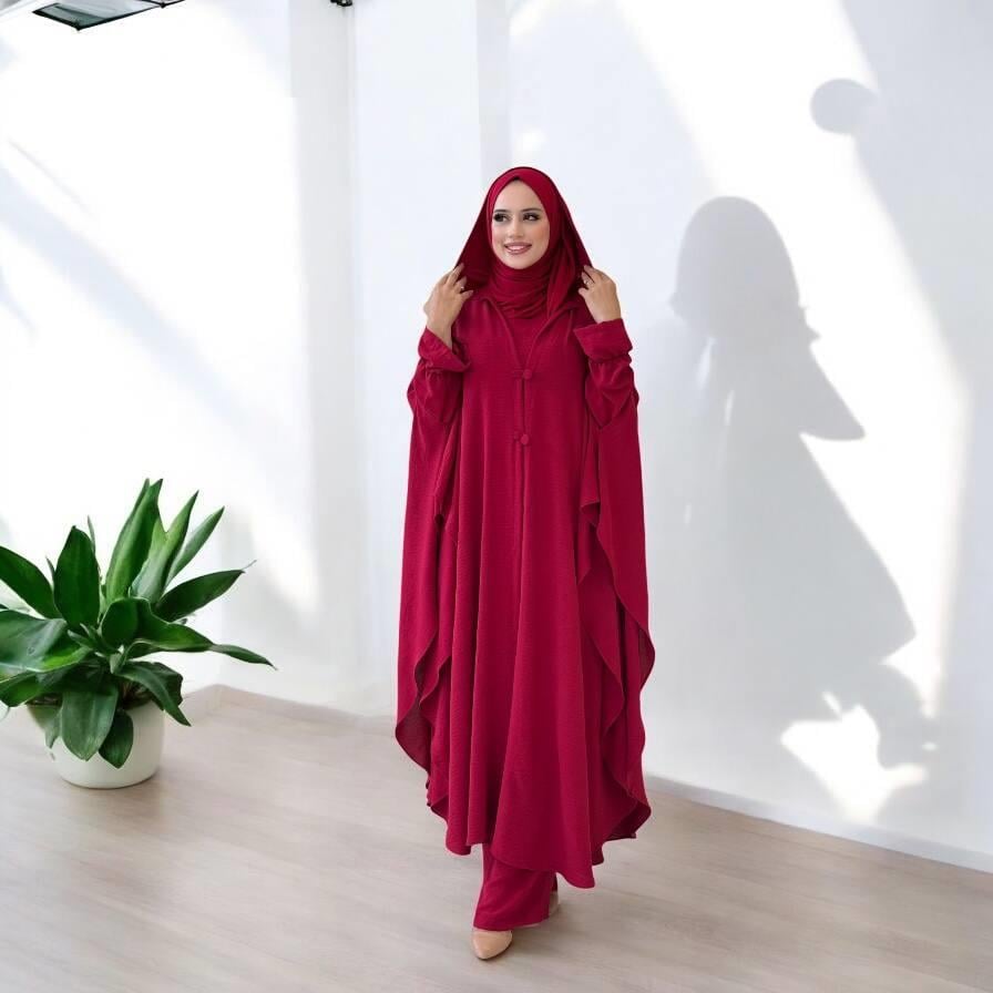 Tunik, Pantolon ve Abaya Üçlü Takım Bordo
