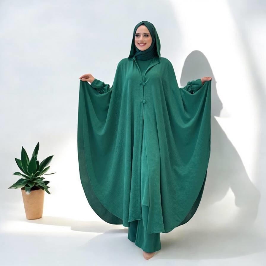 Tunik, Pantolon ve Abaya Üçlü Takım  Zümrüt