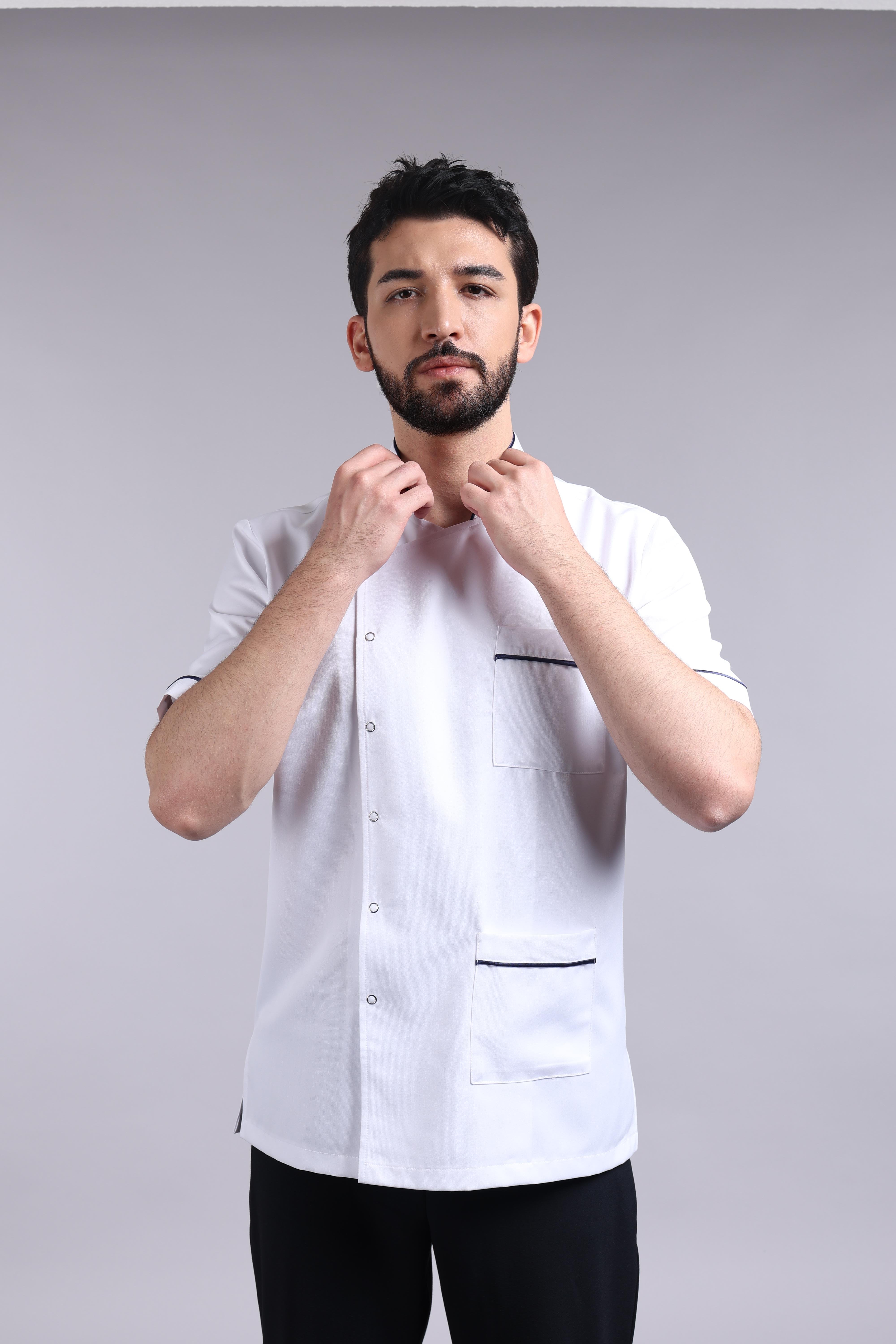 Hakim Yaka Lacivert Biyeli Erkek Beyaz Önlük