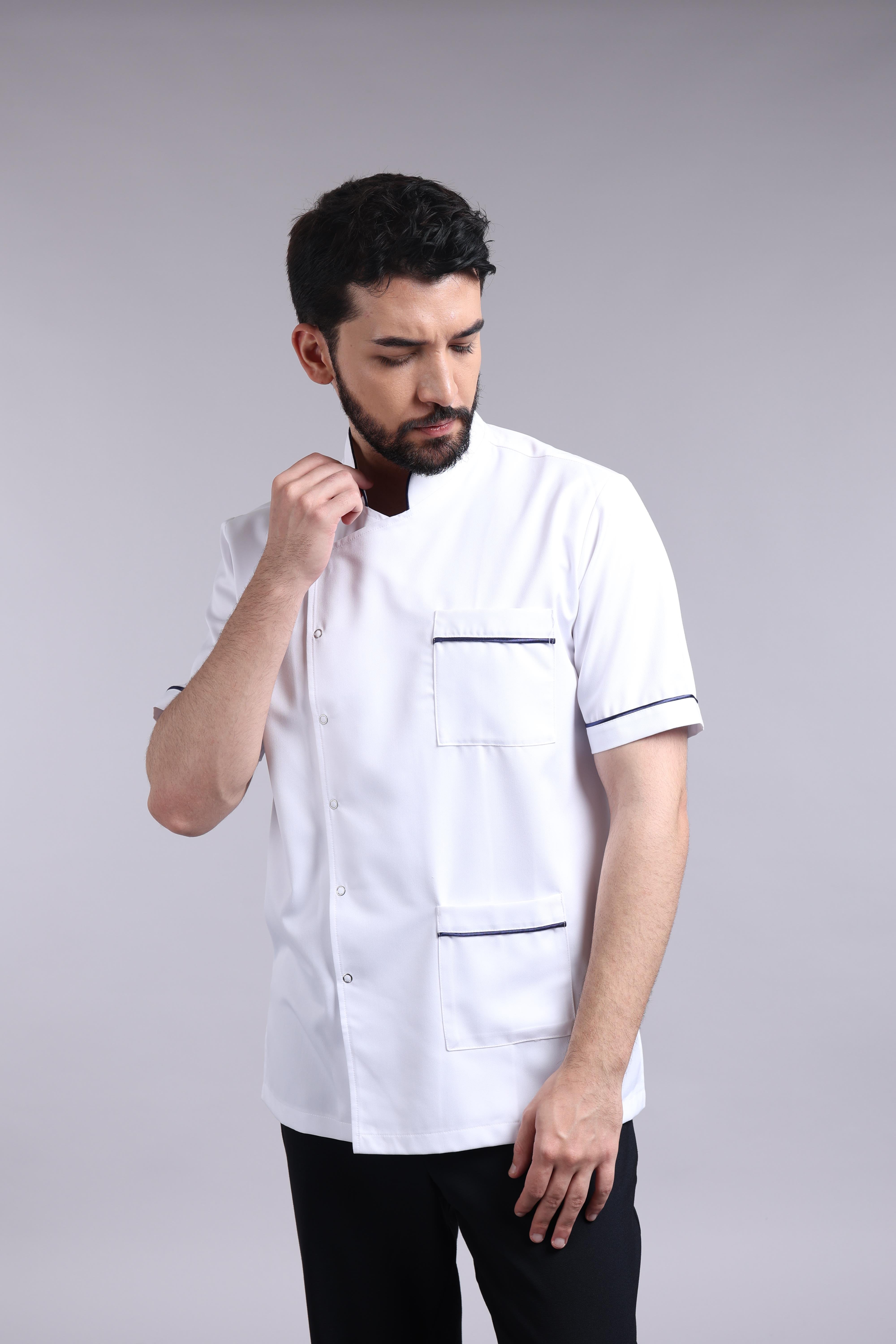 Hakim Yaka Lacivert Biyeli Erkek Beyaz Önlük