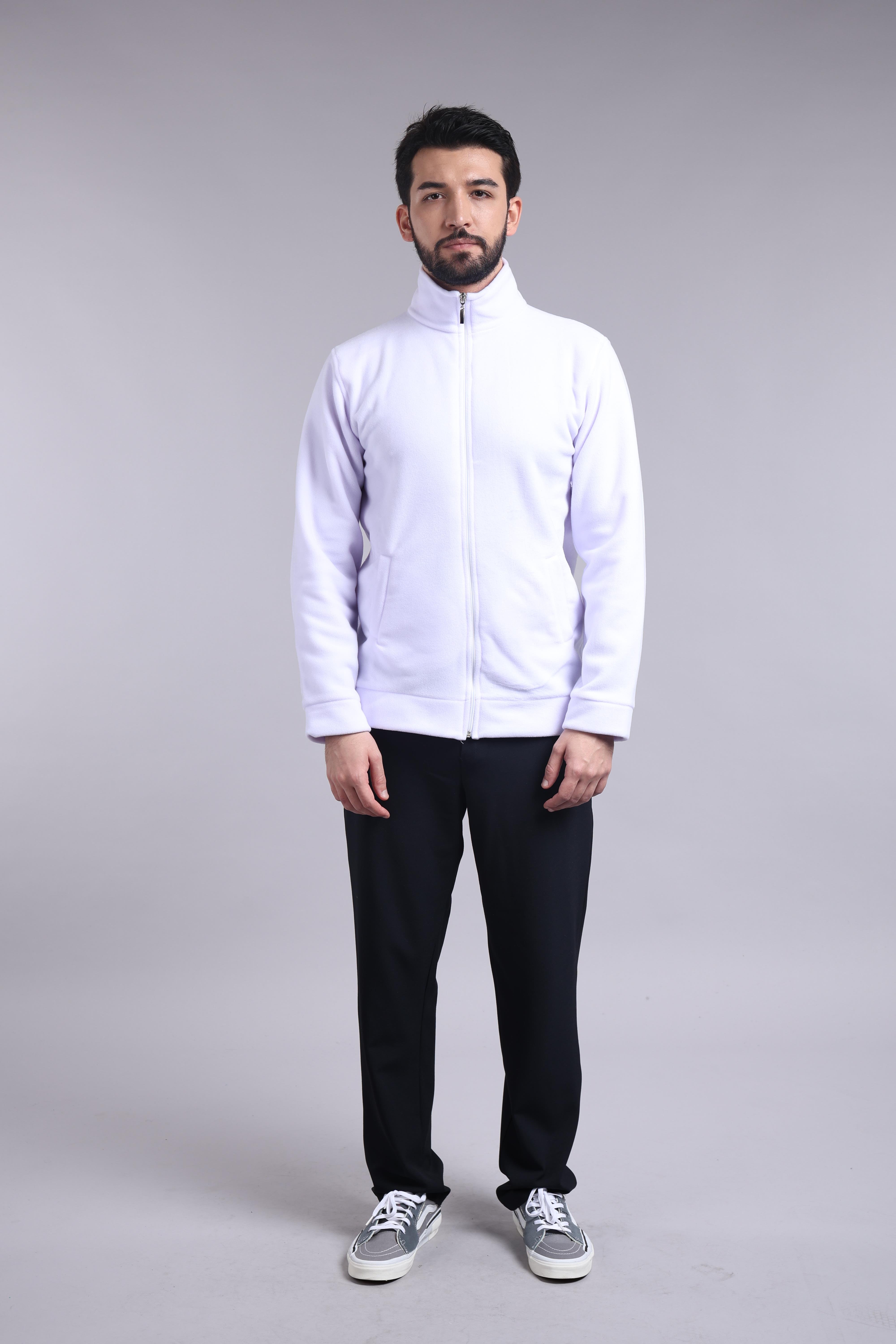 Unisex Ön Fermuarlı Beyaz  Polar 
