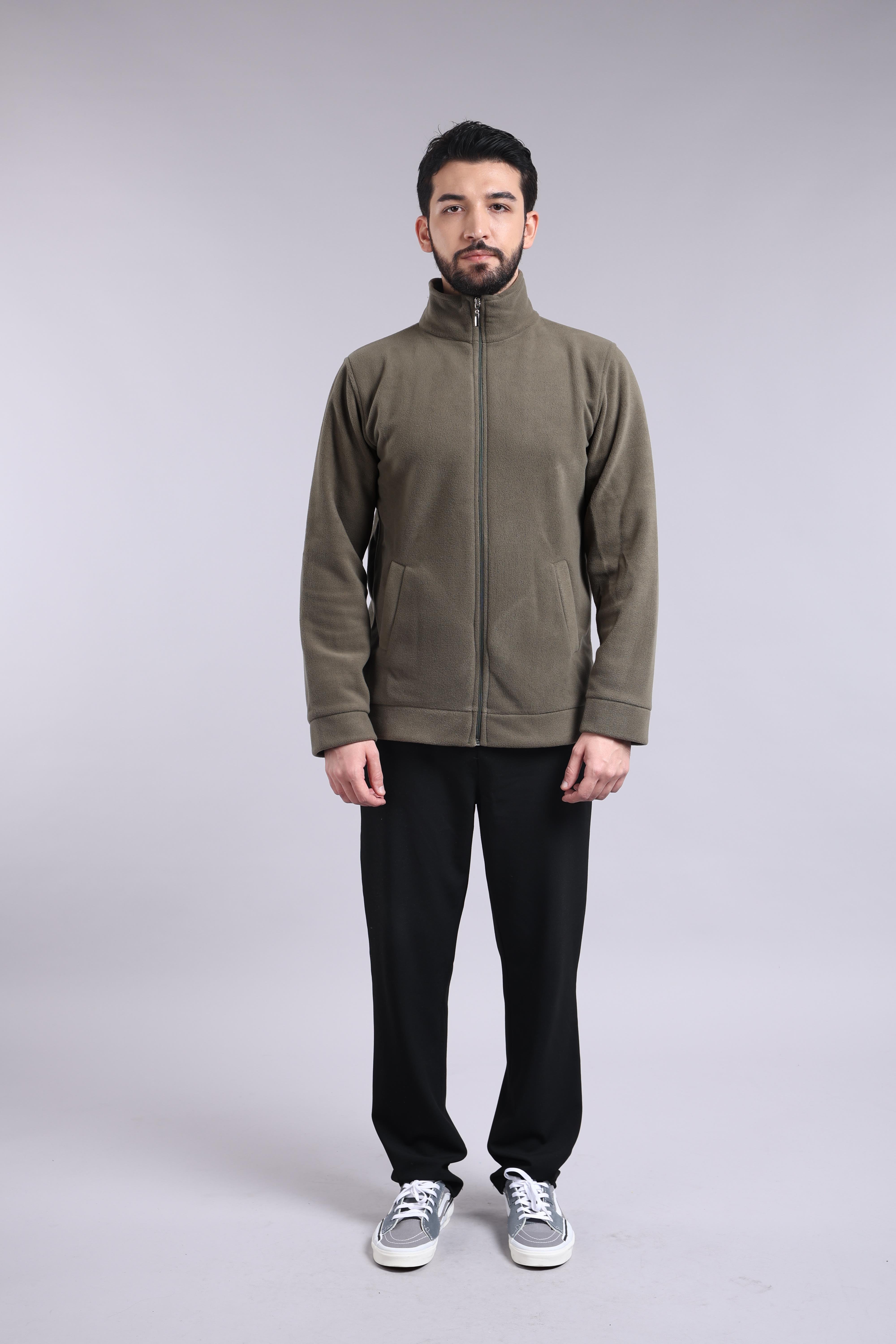 Unisex Ön Fermuarlı Haki Polar 