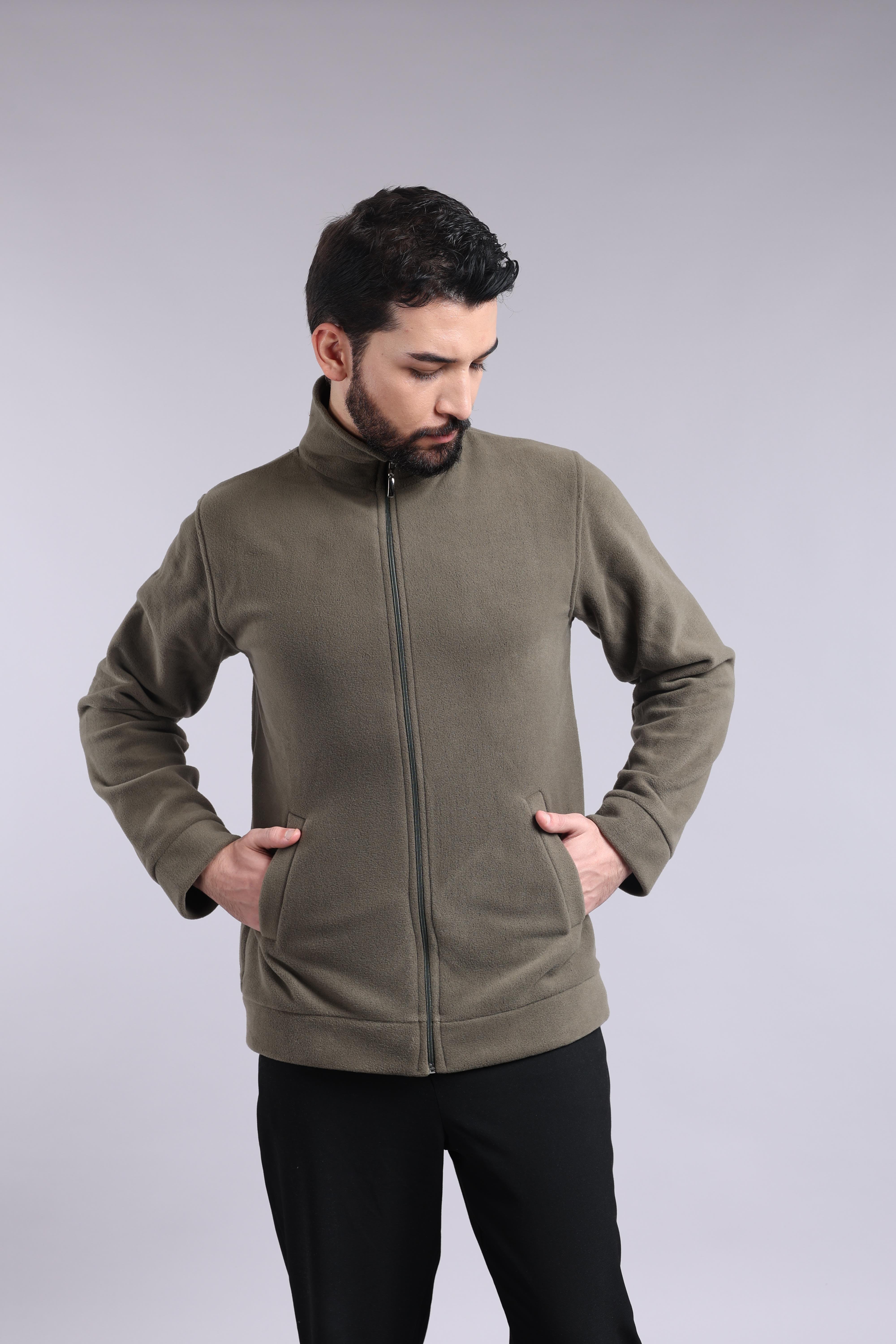 Unisex Ön Fermuarlı Haki Polar 