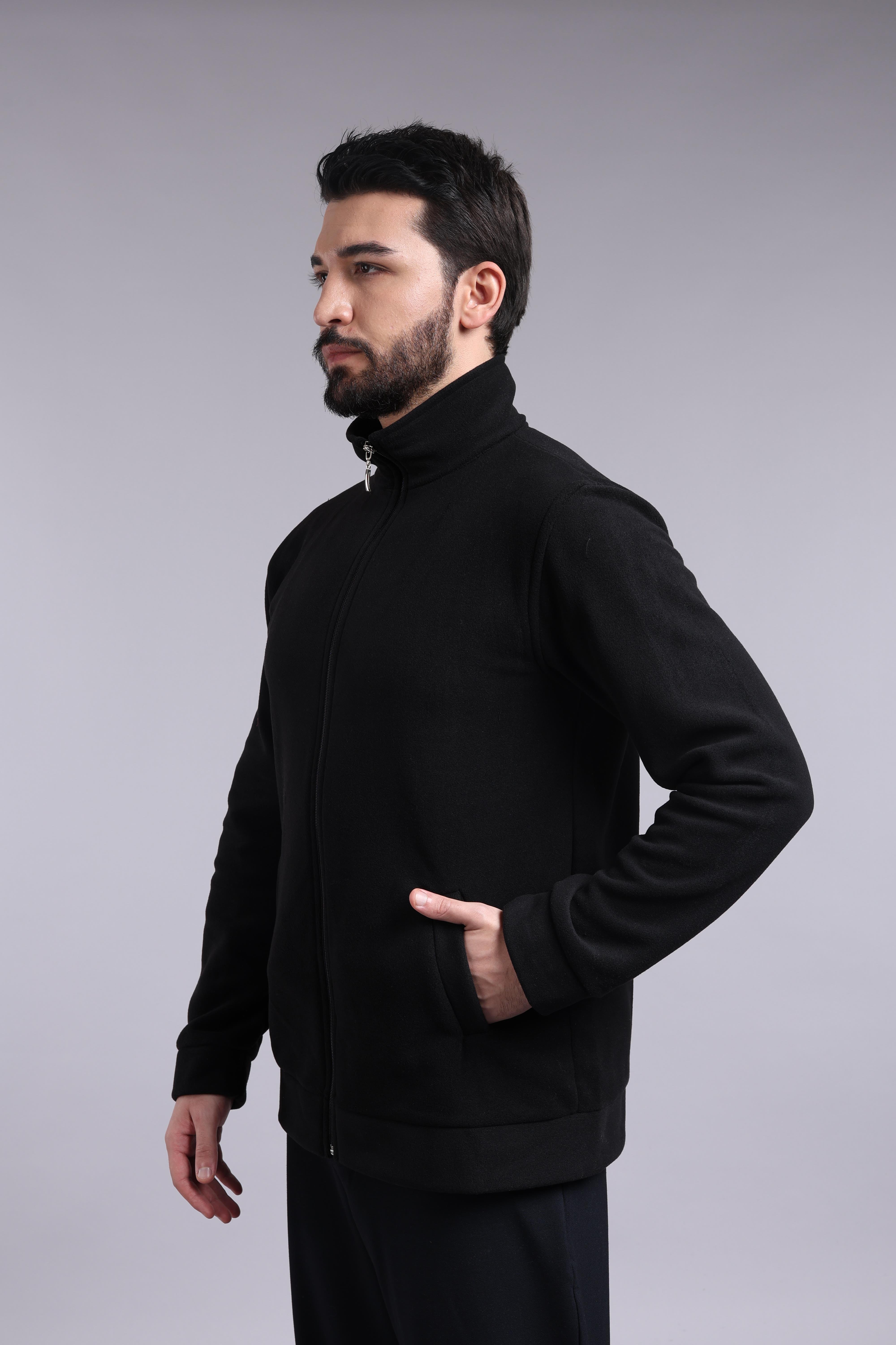Unisex Ön Fermuarlı Siyah Polar 