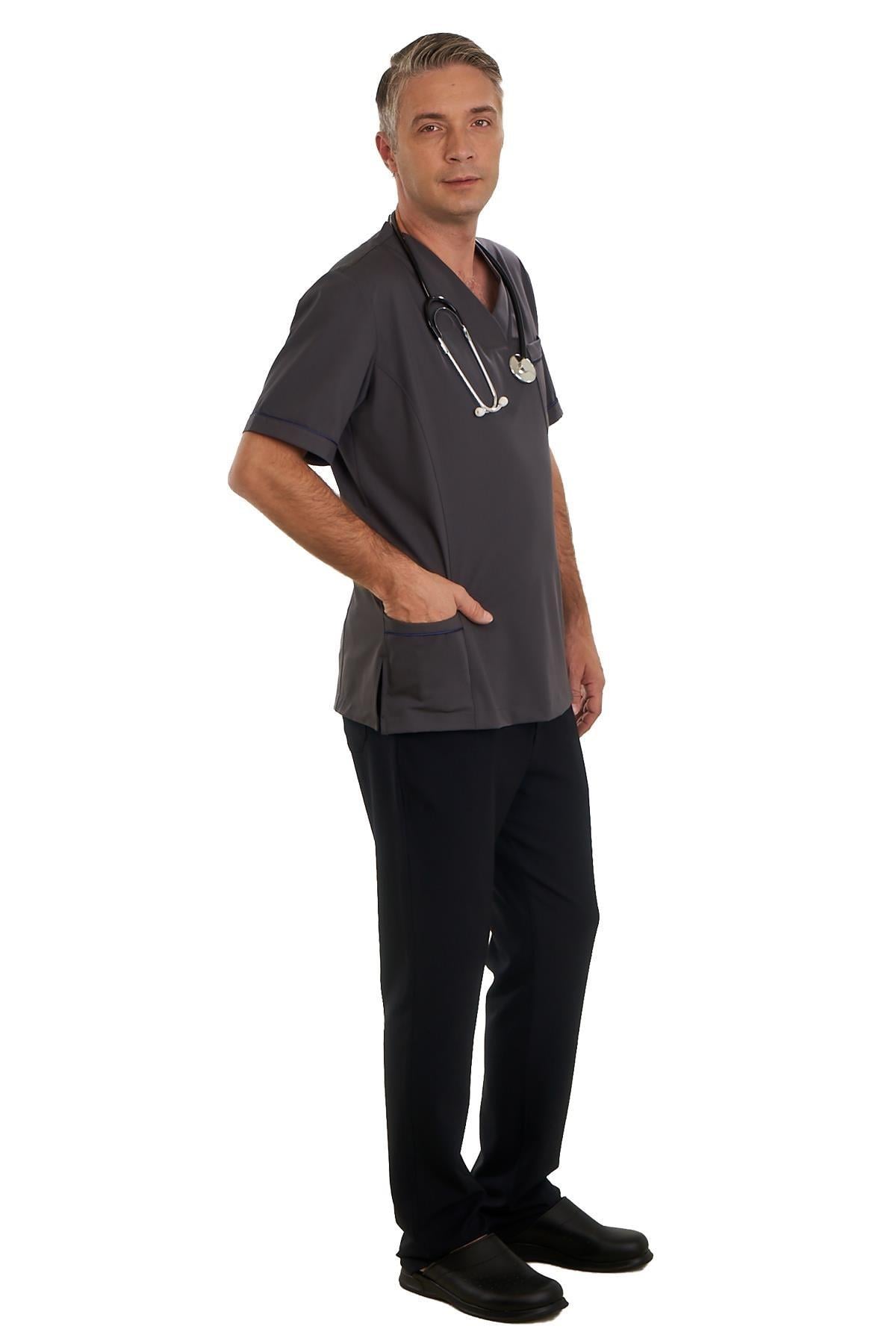 V YAKA DOKTOR ÖNLÜĞÜ ECZACI ÖNLÜĞÜ LABORANT ÖNLÜĞÜ HEMŞİRE ÖNLÜĞÜ ESTETİSYEN ÖNLÜĞÜ GRİ KISA KOL ERKEK ÖNLÜK