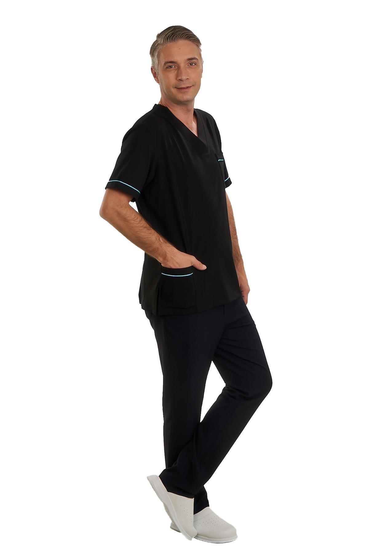V YAKA DOKTOR ÖNLÜĞÜ ECZACI ÖNLÜĞÜ LABORANT ÖNLÜĞÜ HEMŞİRE ÖNLÜĞÜ ESTETİSYEN ÖNLÜĞÜ SİYAH KISA KOL ERKEK ÖNLÜK
