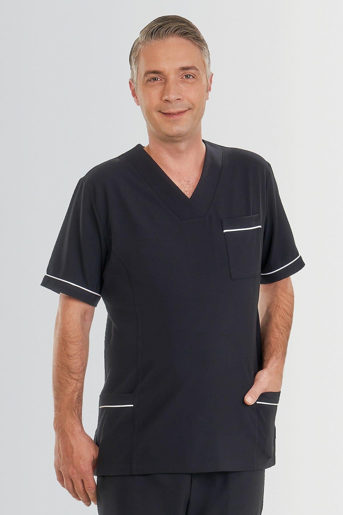 V YAKA DOKTOR ÖNLÜĞÜ ECZACI ÖNLÜĞÜ LABORANT ÖNLÜĞÜ HEMŞİRE ÖNLÜĞÜ ESTETİSYEN ÖNLÜĞÜ LACİVERT KISA KOL ERKEK ÖNLÜK