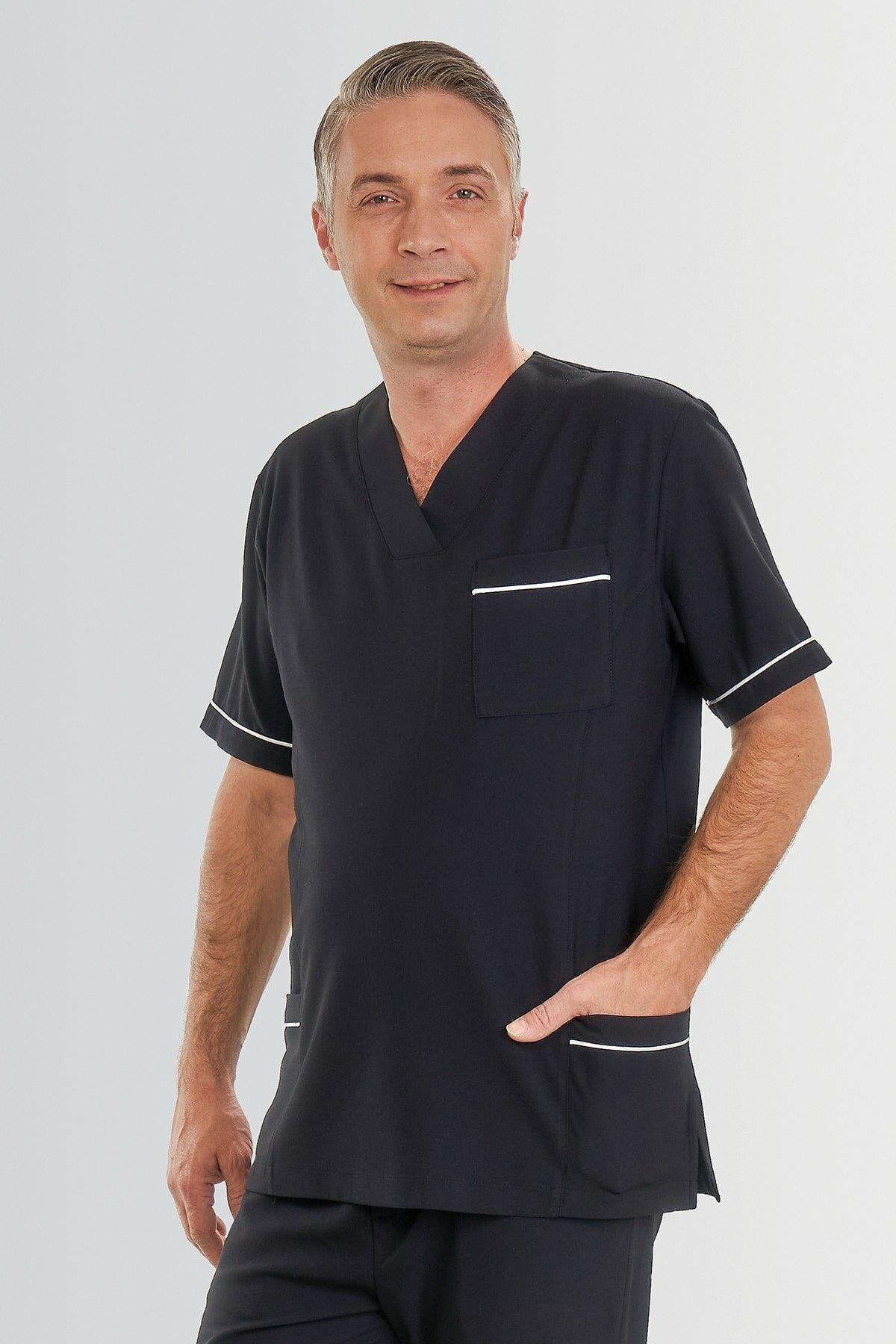 V YAKA DOKTOR ÖNLÜĞÜ ECZACI ÖNLÜĞÜ LABORANT ÖNLÜĞÜ HEMŞİRE ÖNLÜĞÜ ESTETİSYEN ÖNLÜĞÜ LACİVERT KISA KOL ERKEK ÖNLÜK