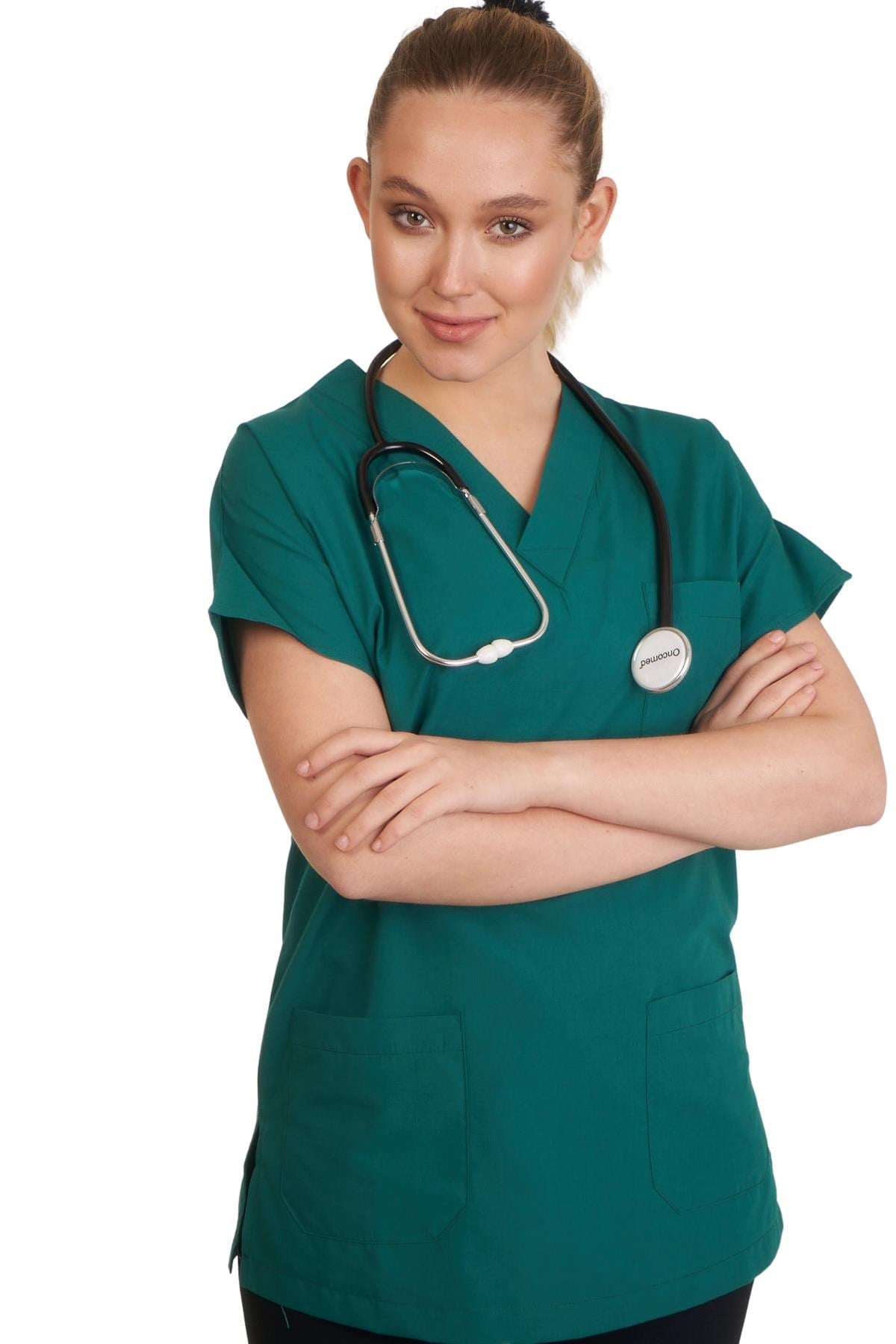 V YAKA DOKTOR ÖNLÜĞÜ ECZACI ÖNLÜĞÜ LABORANT ÖNLÜĞÜ HEMŞİRE ÖNLÜĞÜ ESTETİSYEN ÖNLÜĞÜ YEŞİL KISA KOL KADIN ÖNLÜK