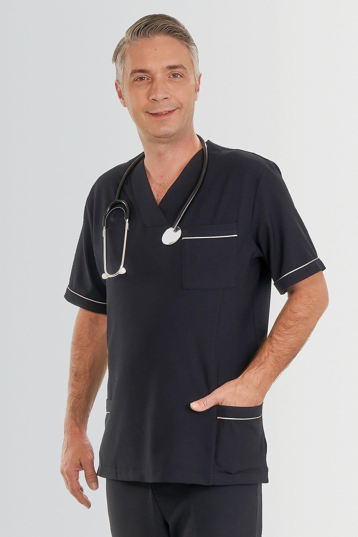 V YAKA DOKTOR ÖNLÜĞÜ ECZACI ÖNLÜĞÜ LABORANT ÖNLÜĞÜ HEMŞİRE ÖNLÜĞÜ ESTETİSYEN ÖNLÜĞÜ LACİVERT KISA KOL ERKEK ÖNLÜK