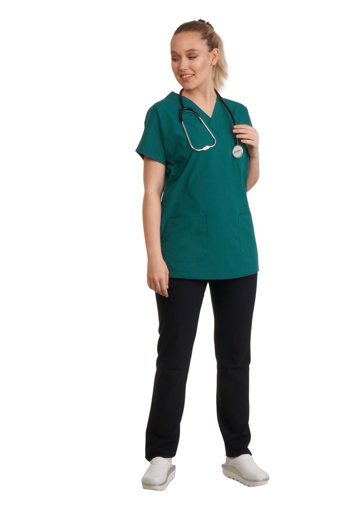 V YAKA DOKTOR ÖNLÜĞÜ ECZACI ÖNLÜĞÜ LABORANT ÖNLÜĞÜ HEMŞİRE ÖNLÜĞÜ ESTETİSYEN ÖNLÜĞÜ YEŞİL KISA KOL KADIN ÖNLÜK