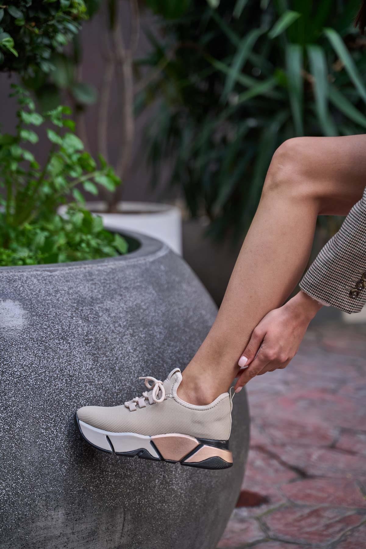 Bağcık Detaylı Fileli Sneaker Ve Günlük Spor Ayakkabı Bej-Rose