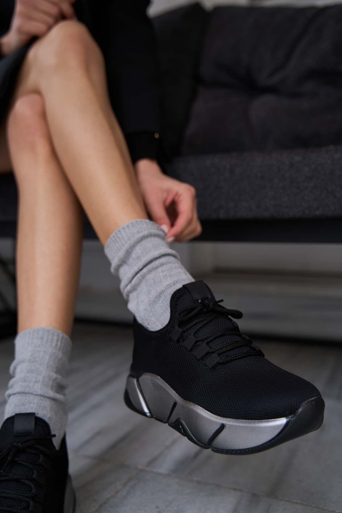 Bağcık Detaylı Fileli Sneaker Ve Günlük Spor Ayakkabı Siyah-Gri