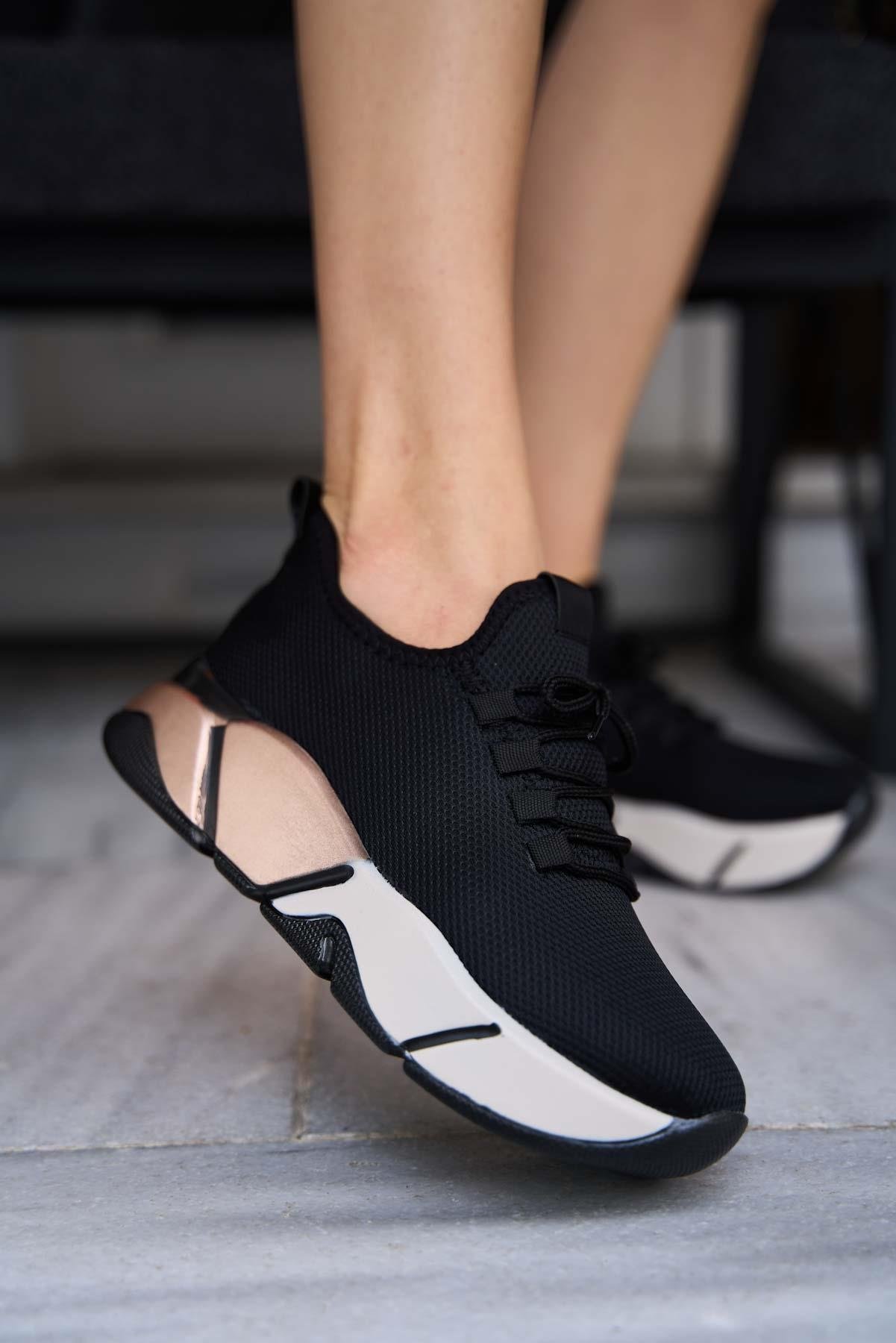 Bağcık Detaylı Fileli Sneaker Ve Günlük Spor Ayakkabı Siyah-Rose