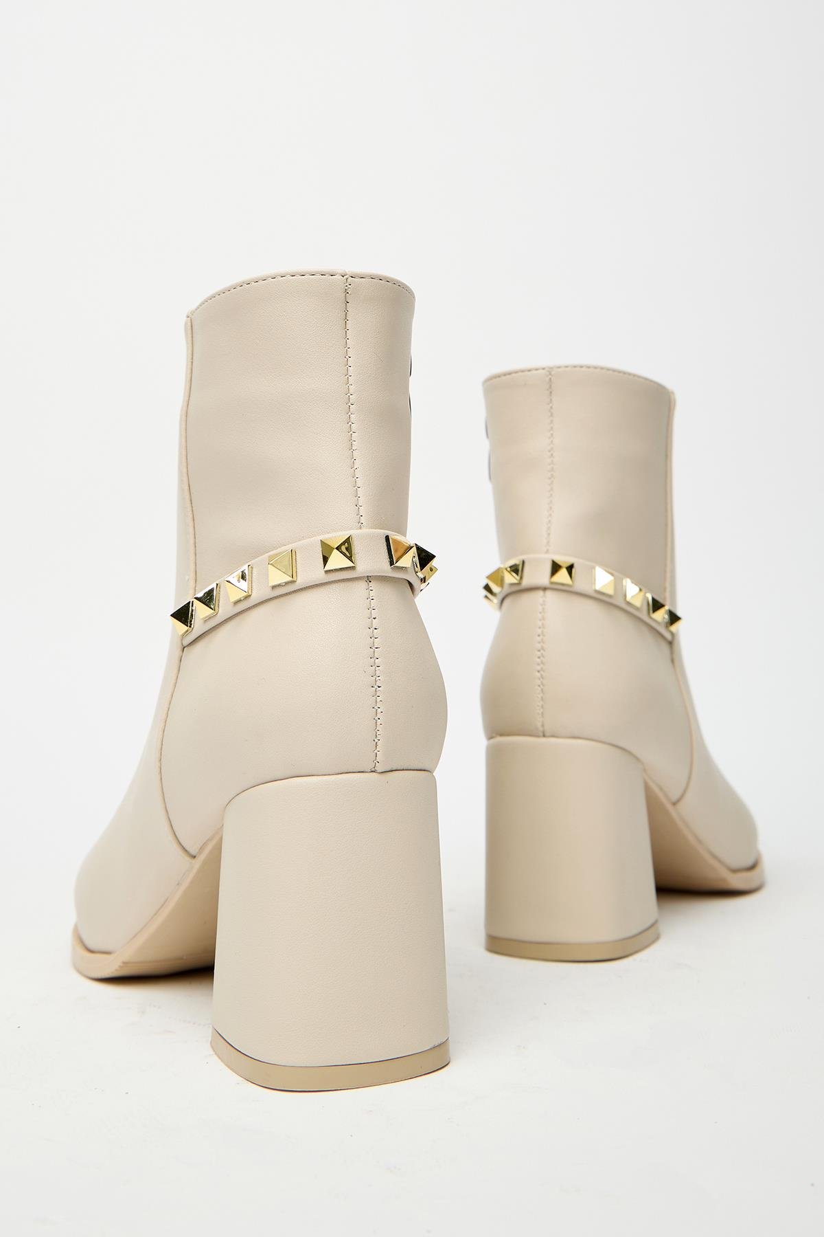 Bej Gold Zımba Detaylı Blok Topuk Modern Bot Günlük - Şık