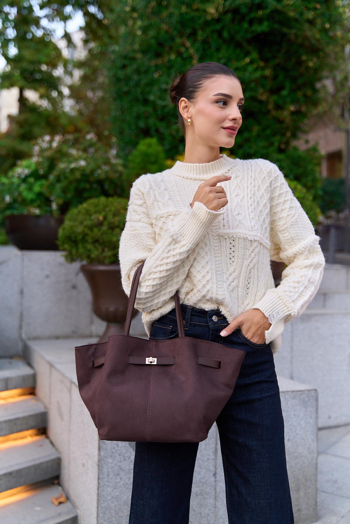 Büzgü Detay Klipsli Süet El Ve Omuz Çantası Kahverengi Süet