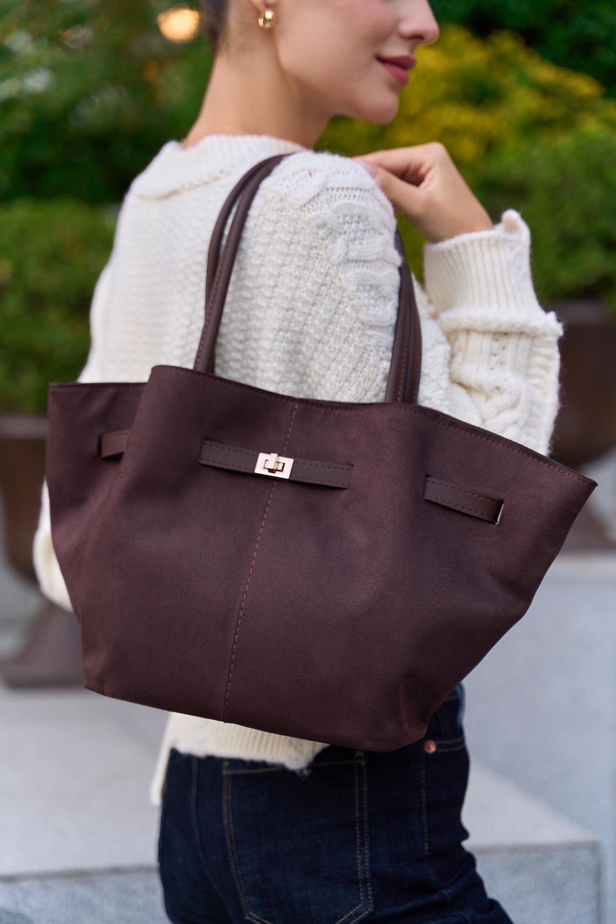 Büzgü Detay Klipsli Süet El Ve Omuz Çantası Kahverengi Süet