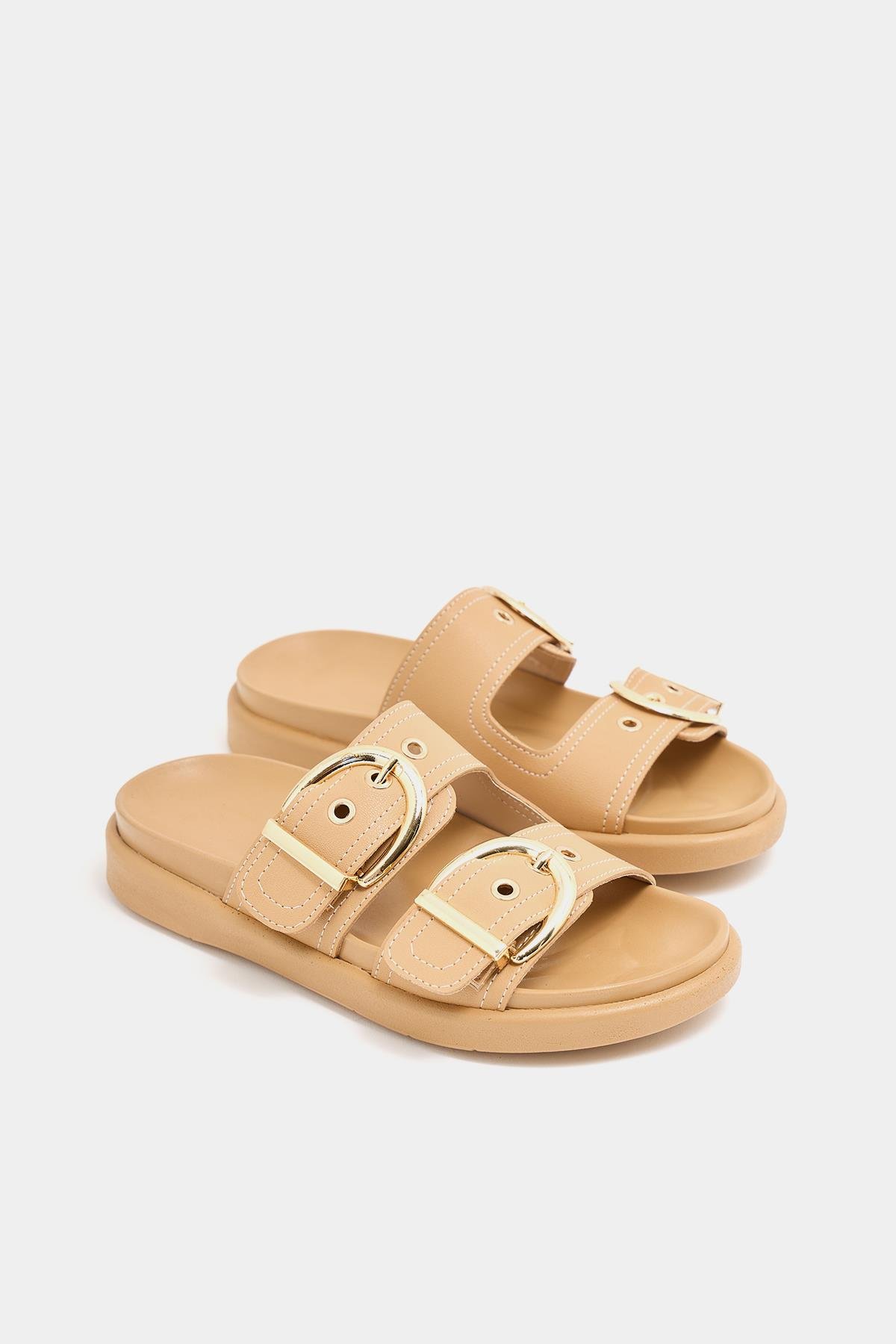 Çift Tokalı Şık Günlük Terlik Vizon