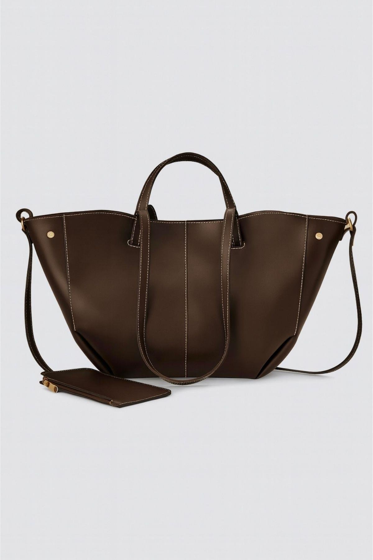 Deri Görünümlü Cüzdan Detaylı El Ve Omuz Çantası Kahverengi