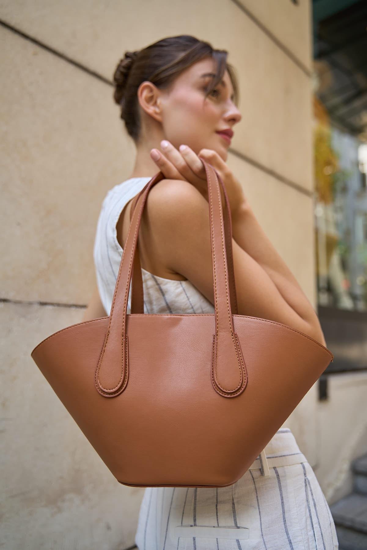 Deri Görünümlü Shopper Çanta Taba