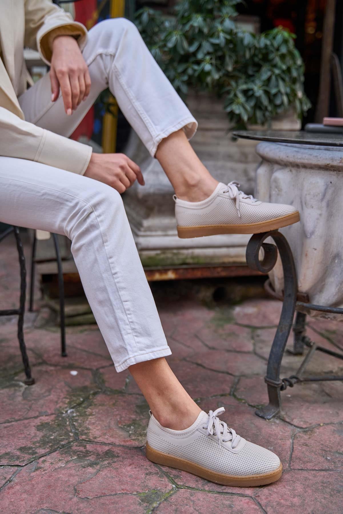 File Dokulu Spor Ayakkabı Bej