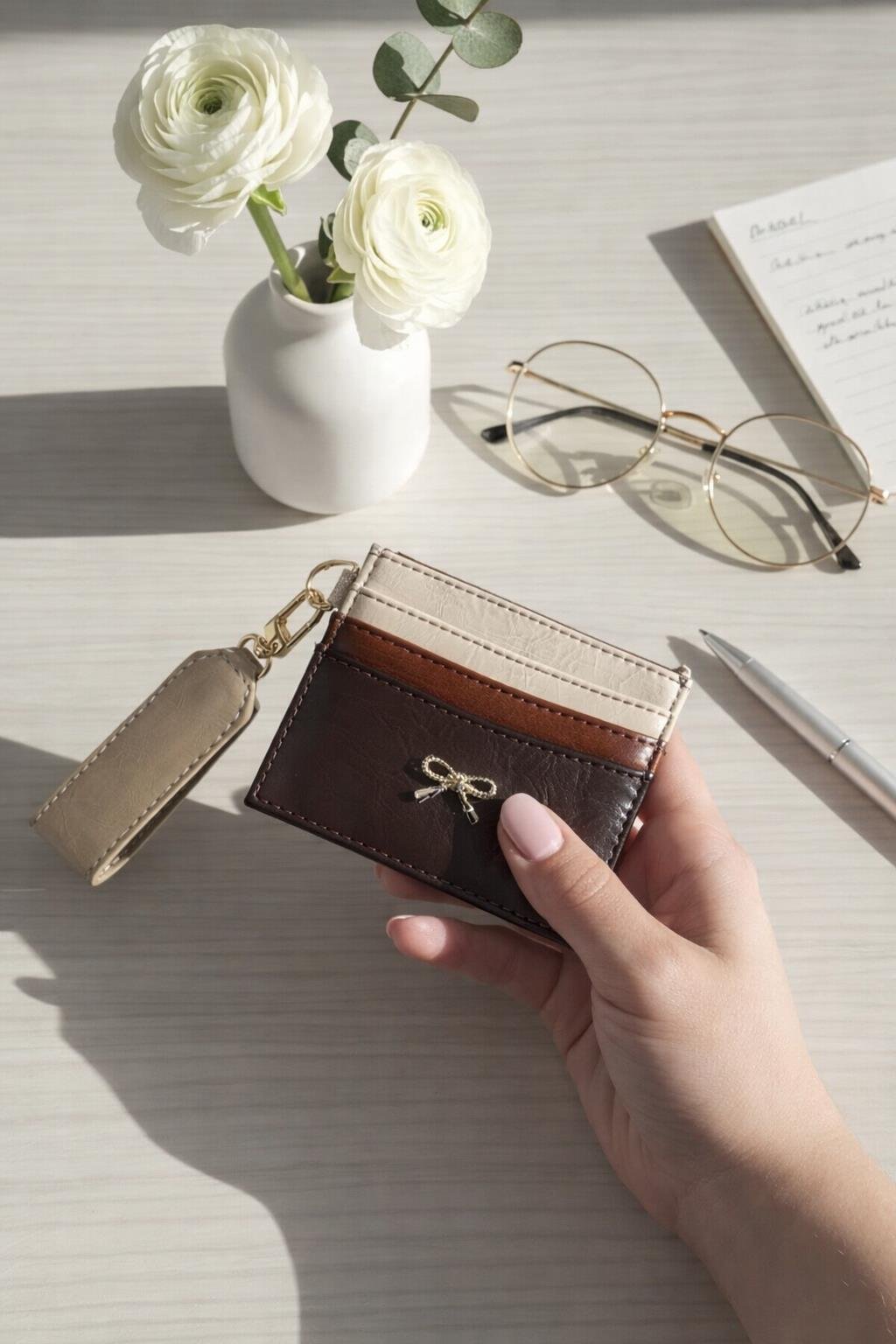 Fiyonk Detaylı Anahtarlıklı Parlak PU Deri Kartlık Renkli