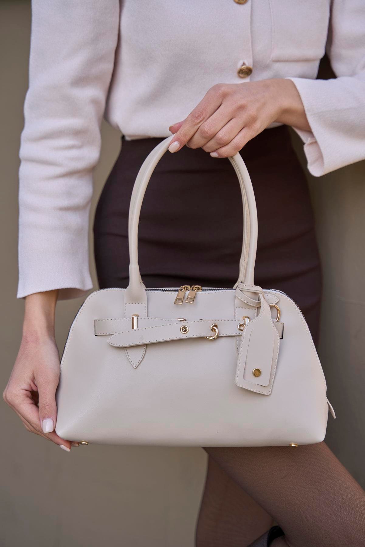 Gold Aksesuarlı Retro Çanta Bej