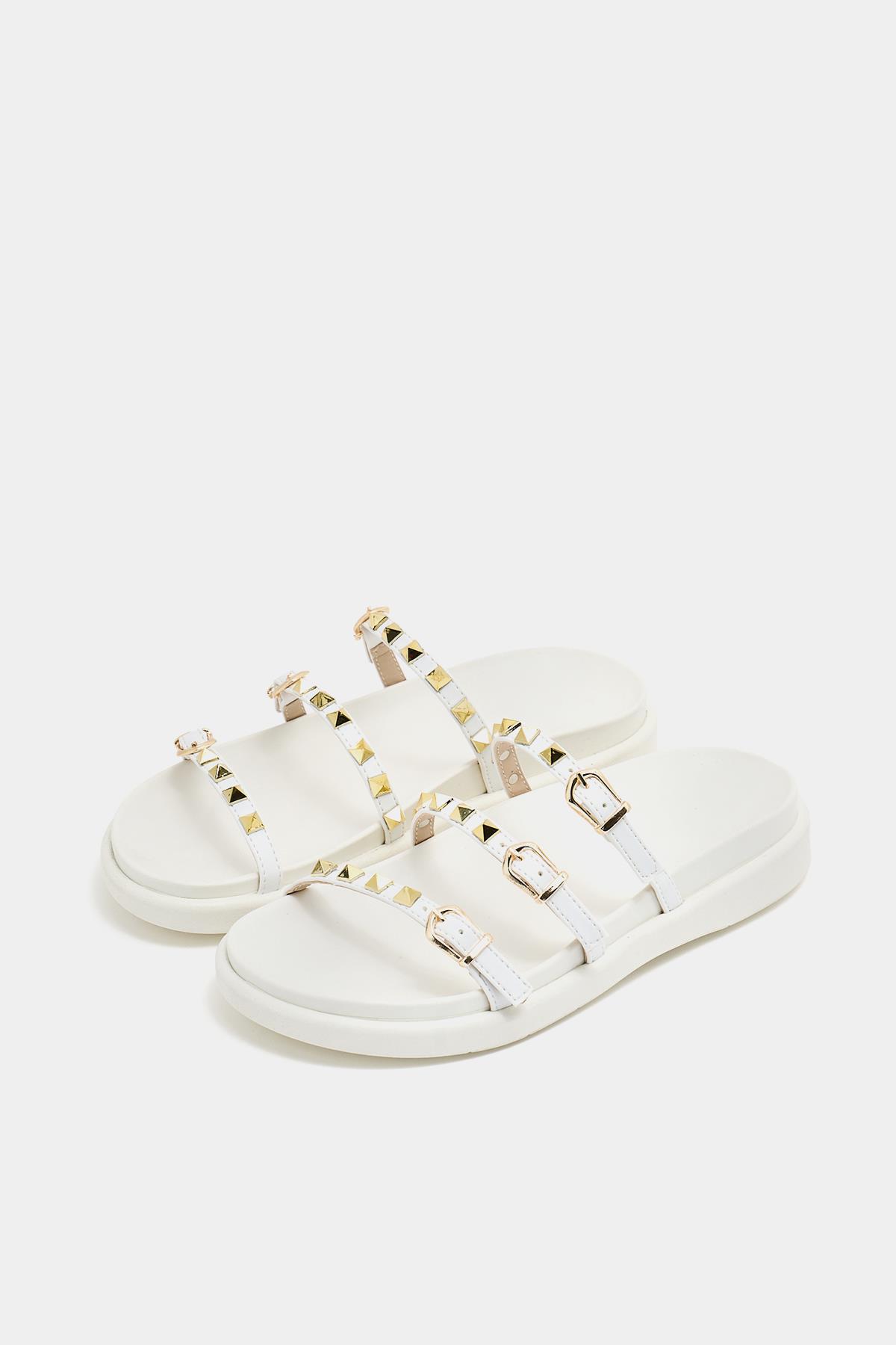 Gold Zımba Detaylı Trend Terlik Beyaz