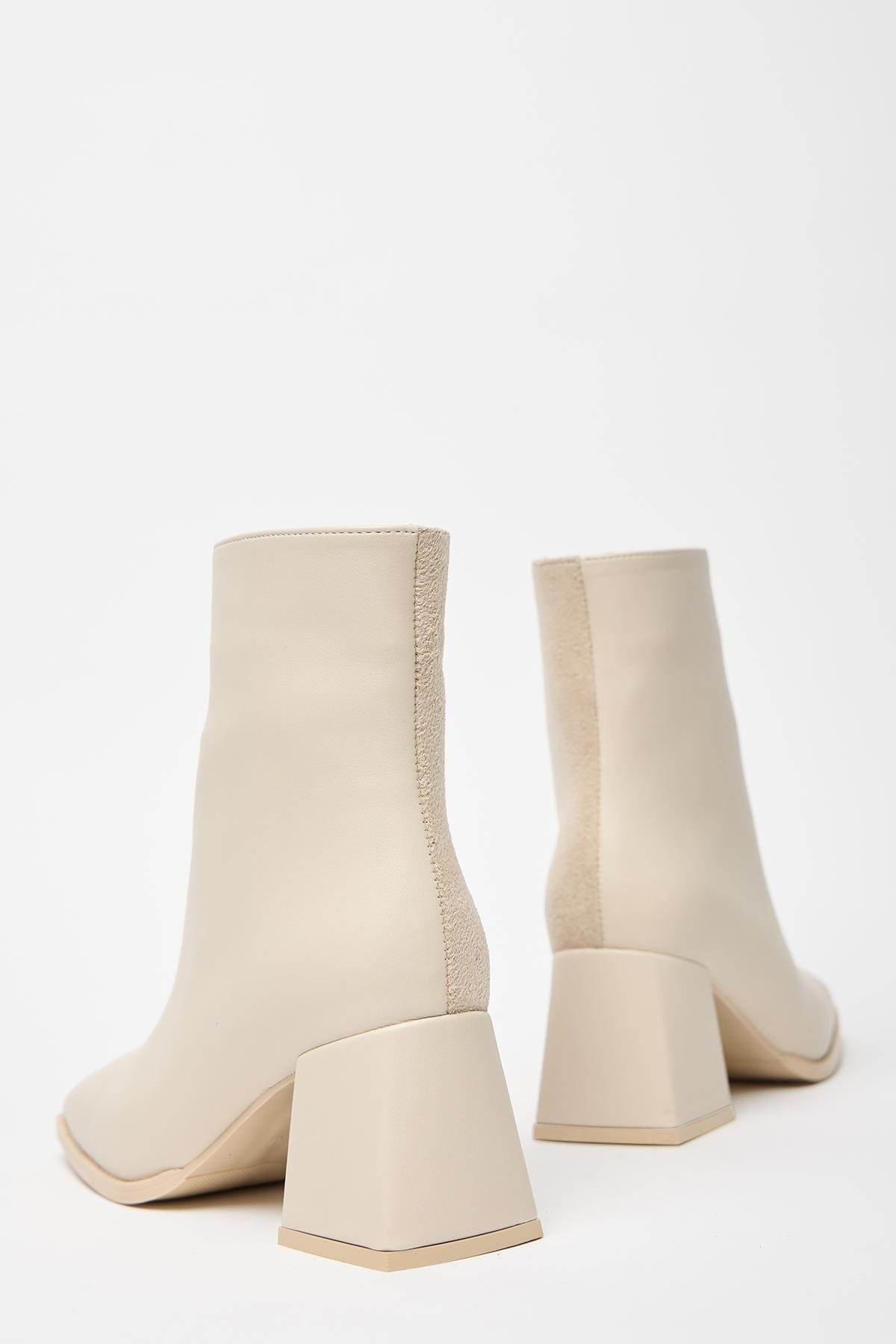 Kadın Bej Süet Bot & Bootie Küt Burun Topuklu Kontrast PU Deri Fermuarlı Şık