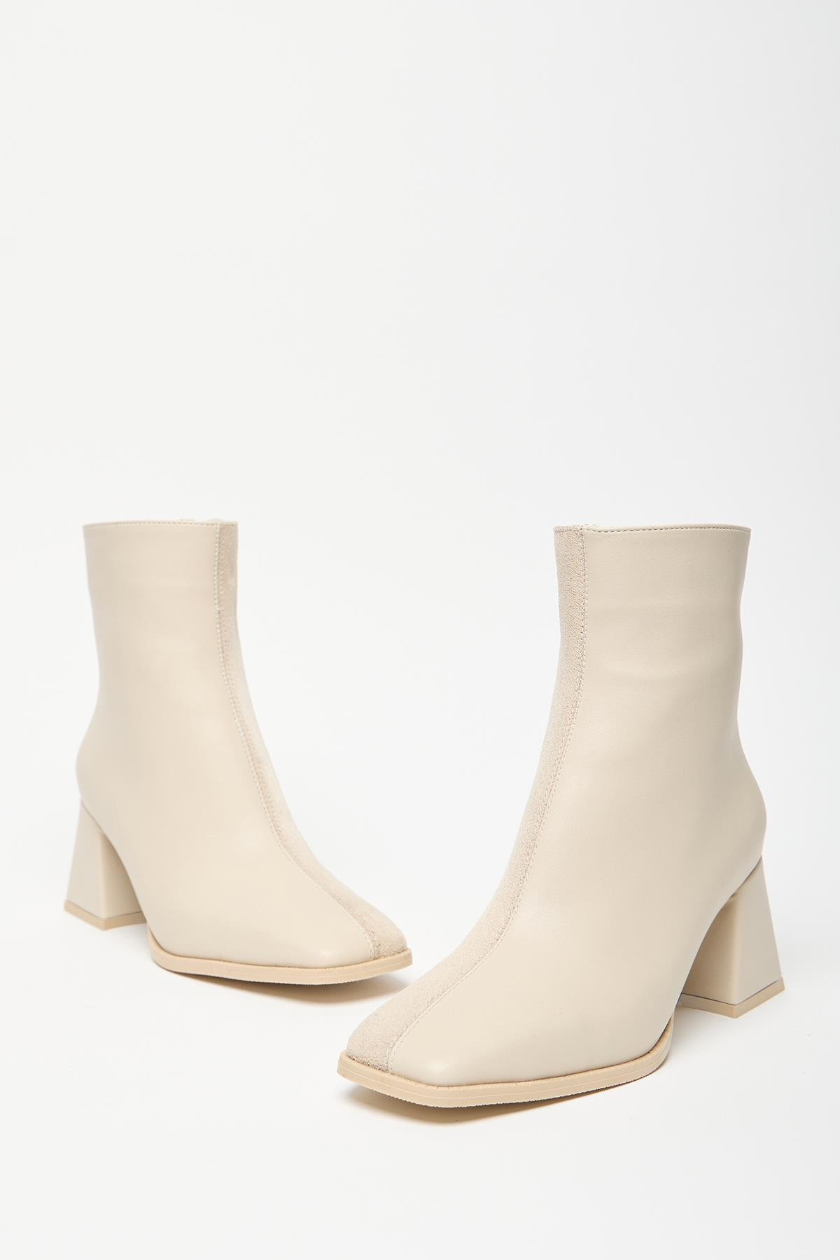 Kadın Bej Süet Bot & Bootie Küt Burun Topuklu Kontrast PU Deri Fermuarlı Şık
