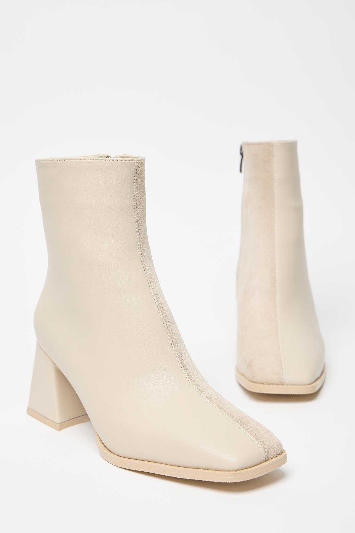 Kadın Bej Süet Bot & Bootie Küt Burun Topuklu Kontrast PU Deri Fermuarlı Şık